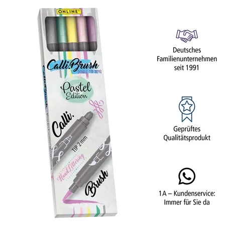 ONLINE Set Calli.Brush, 5 Double-Tip Pens, Pinselspitze und Kalligrafie-Spitze, Pastel