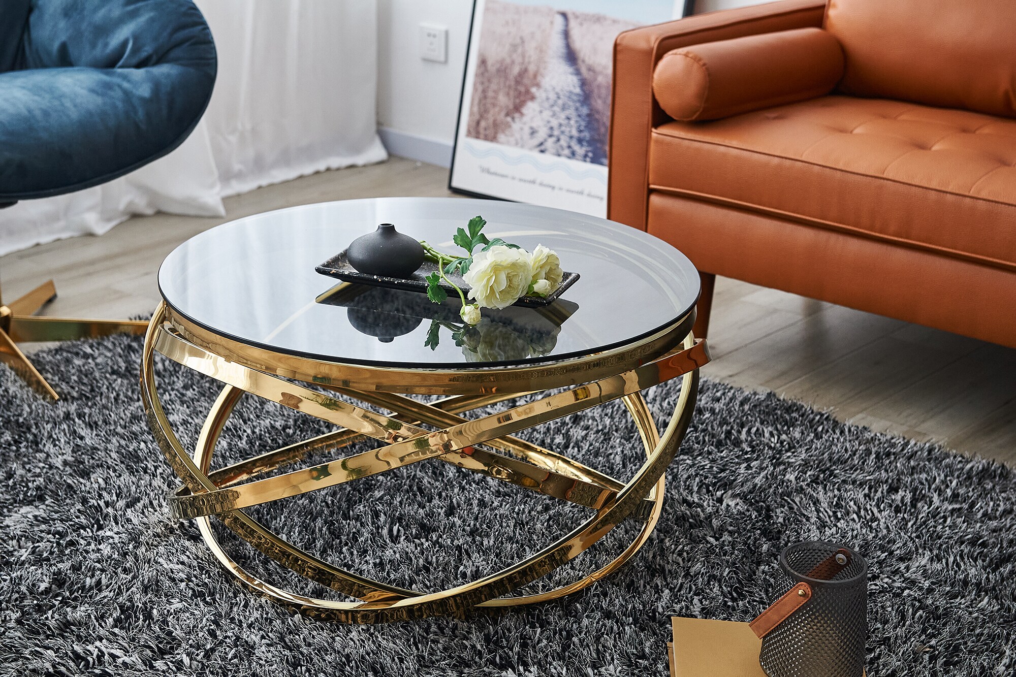 Couchtisch Ø 80 cm gold grau Glastisch Beistelltisch Sofatisch Wohnzimmertisch
