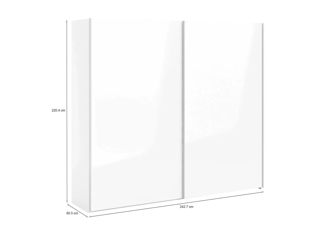 Garde-robe 2 portes Badesse, Meubles de chambre, Penderie de plain-pied, Placard à vêtements, 243x61 h220 cm, Blanc brillant