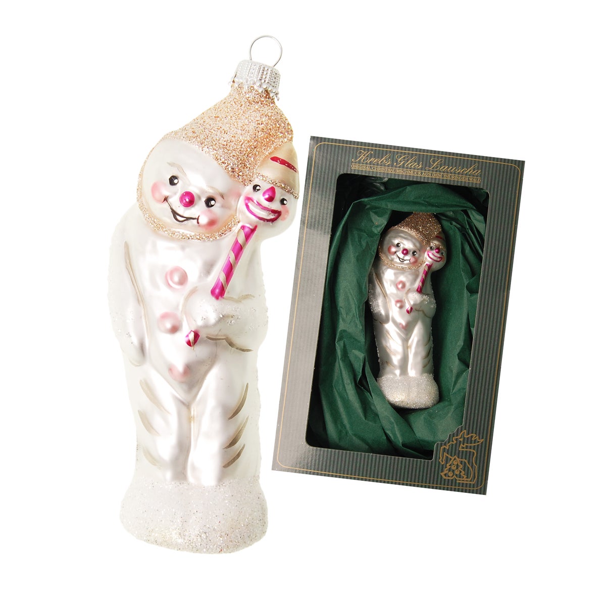 Lichtroze sneeuwpop van 11 cm met een gouden emmer op zijn hoofd, glazen ornament, mondgeblazen en met de hand versierd, 1 stuk, kerstbal, kerstboomversiering, kerstboomversiering