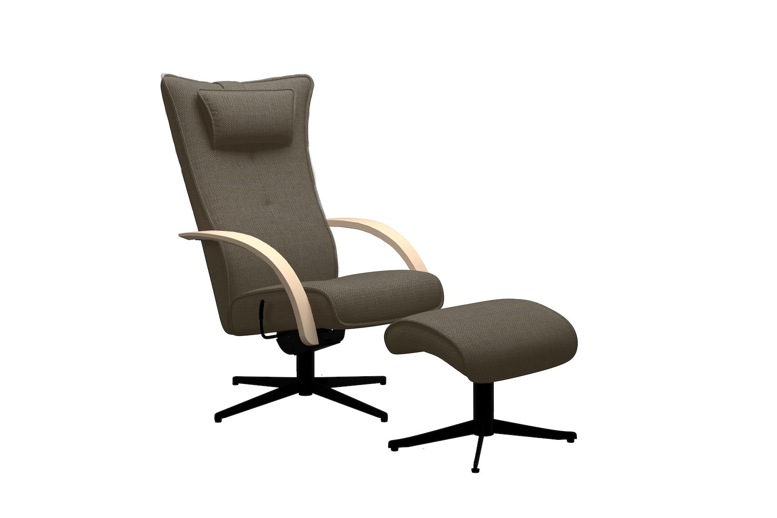 Delta Motion Wood lenestol med krakk Tekstil Guard Taupe, med sortlakkert S04 sokkel. Hvitpigmentert eik armlener.