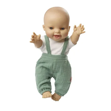 Heless Puppen-Latzhose aus 100 % Bio-Baumwolle, salbeigrün, mit weißem T-Shirt, 2-teilig, Gr. 35-45 cm