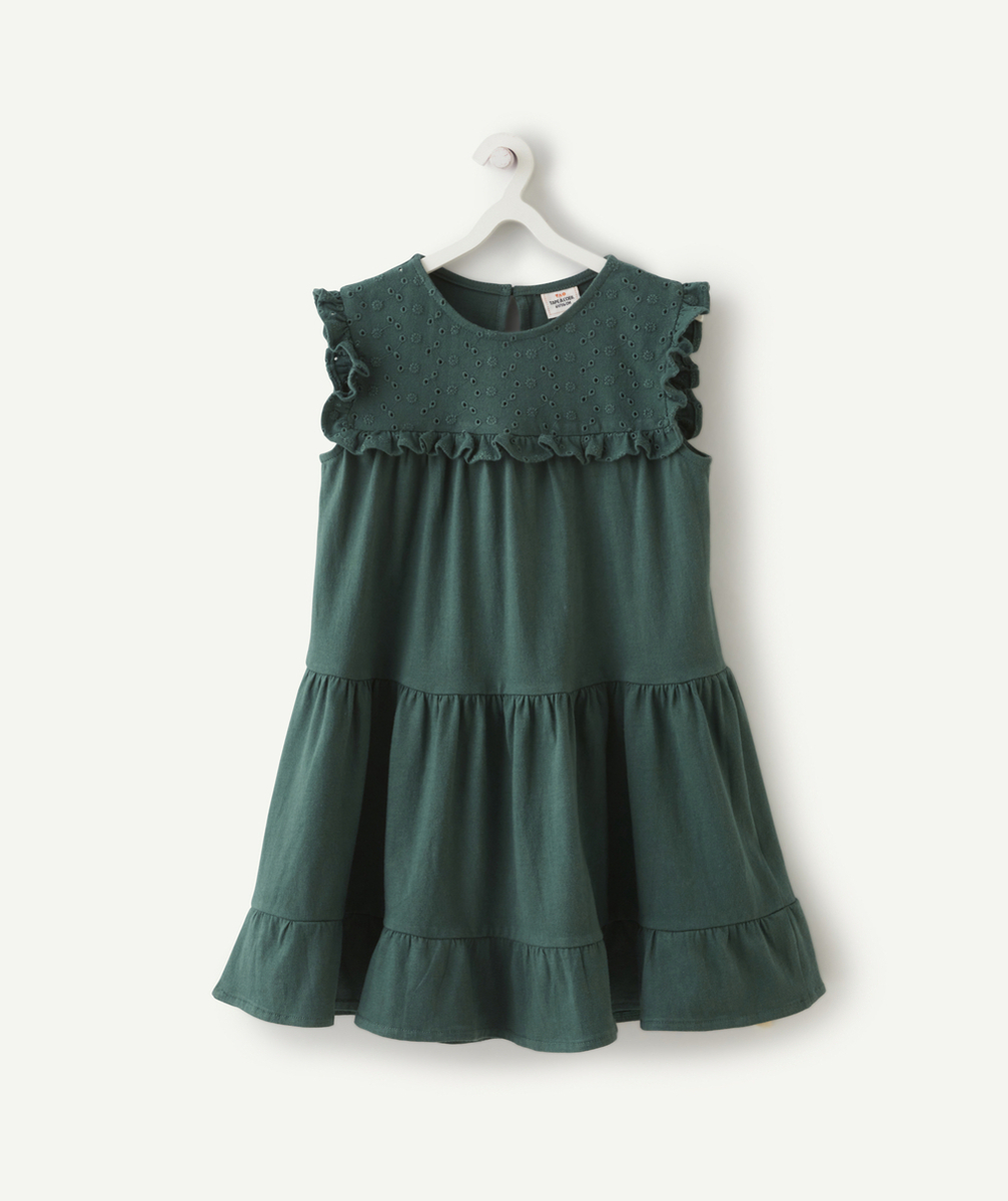 ROBE EN MAILLE FILLE EN COTON VERT FONCÉ AVEC VOLANTS ET BRODERIES