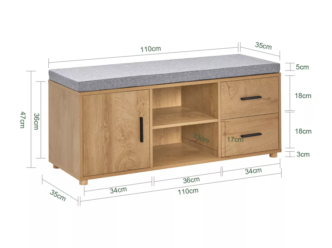Banc de Rangement à Chaussure avec coussin rembourré 2 compartiments 1 porte et 2 tiroirs, FSR148-N