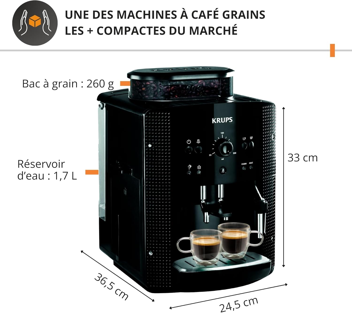 Krups Machine à café grain, machine expresso, 2 tasses en simultané, Nettoyage automatique, Buse vapeur pour Cappuccino, Cafetière espresso, Essential noire YY8125FD