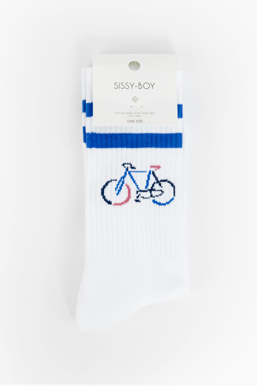 Witte sportsokken met blauwe strepen en fiets