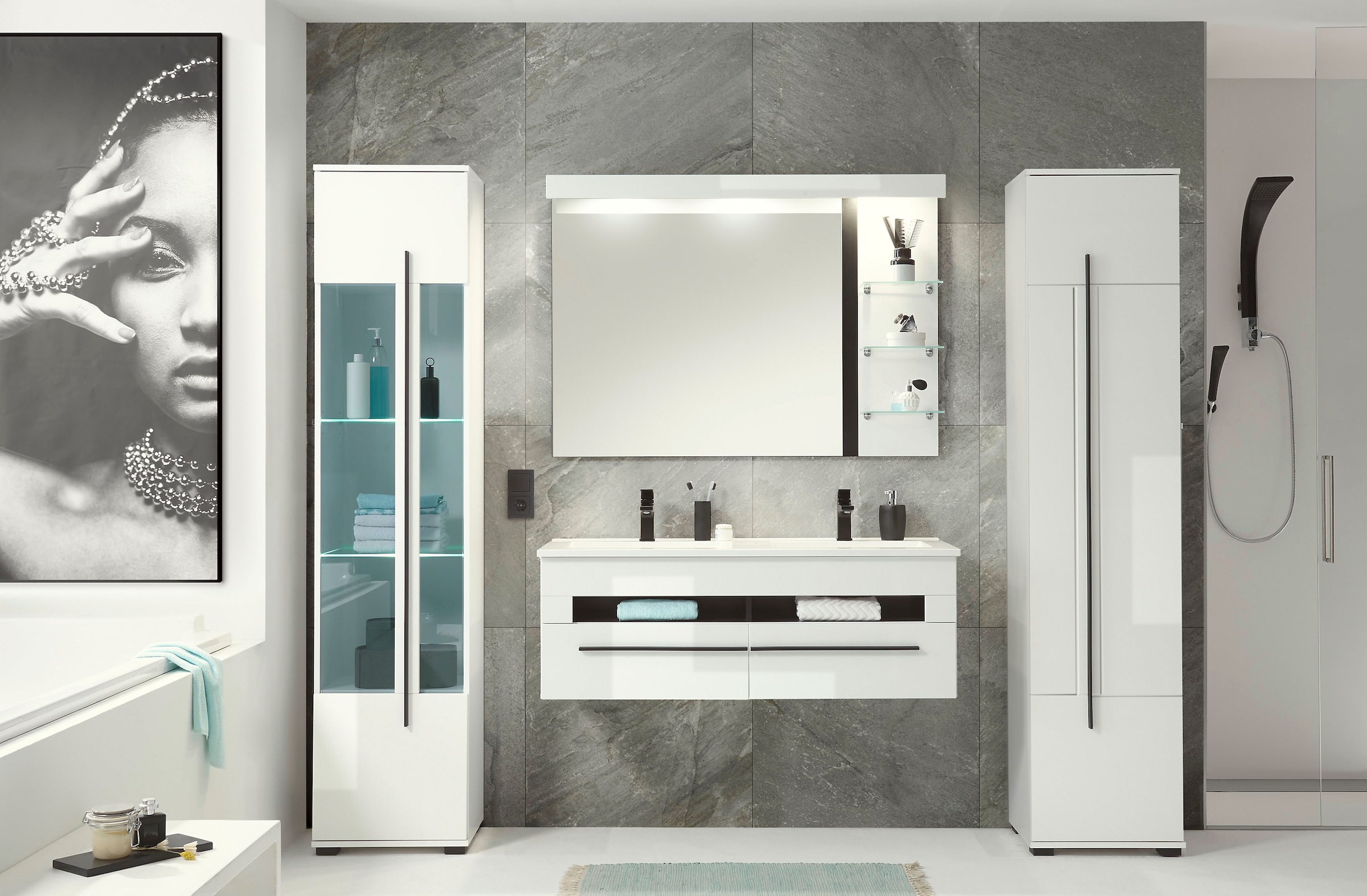 INOSIGN Waschtisch »Cantara, Waschtisch inkl. Waschbecken, modernes Design« mit schwarzen Griffen, ausreichend Stauraum