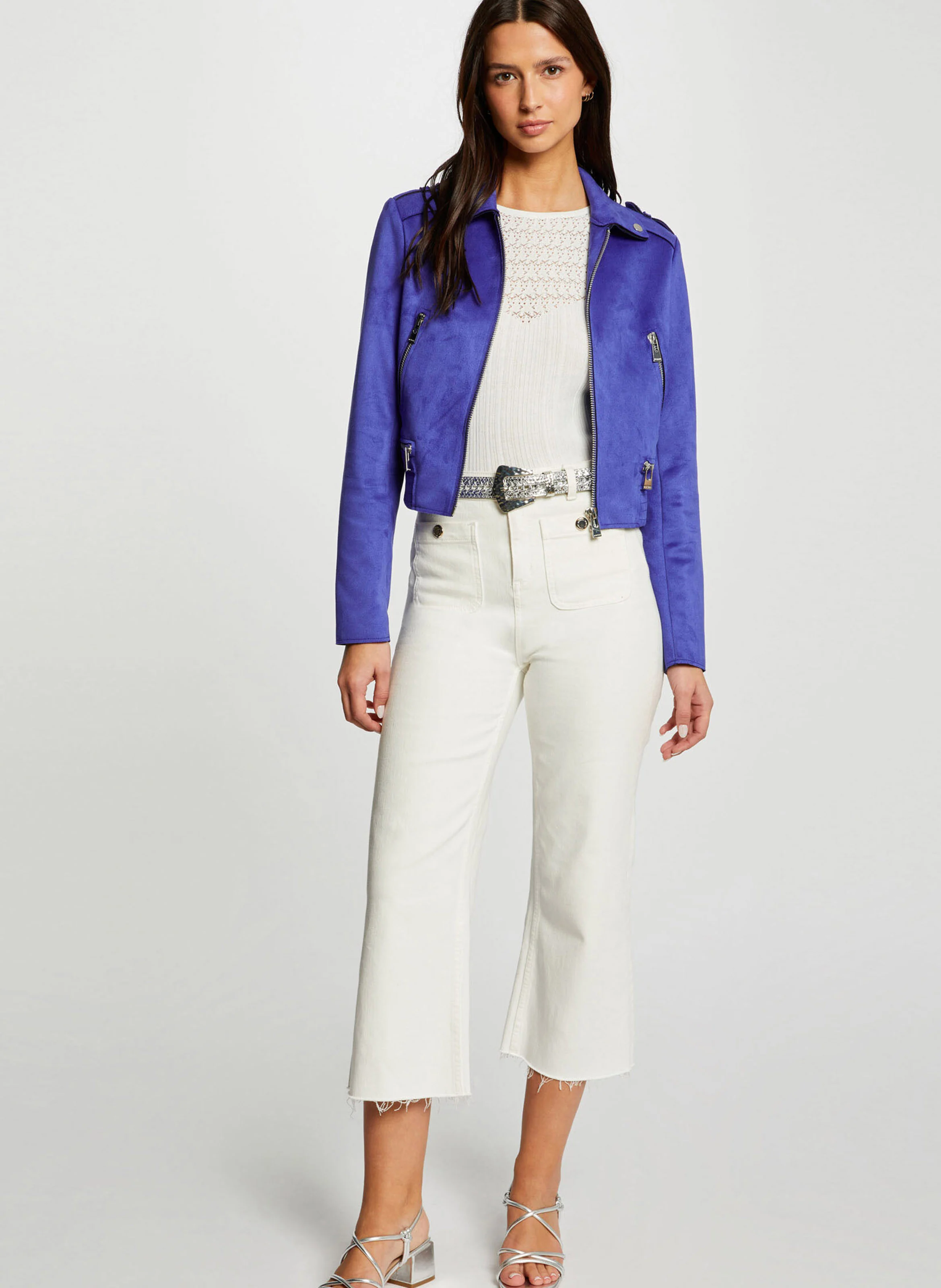 Veste blazer col classique aspect suédine| Bleu