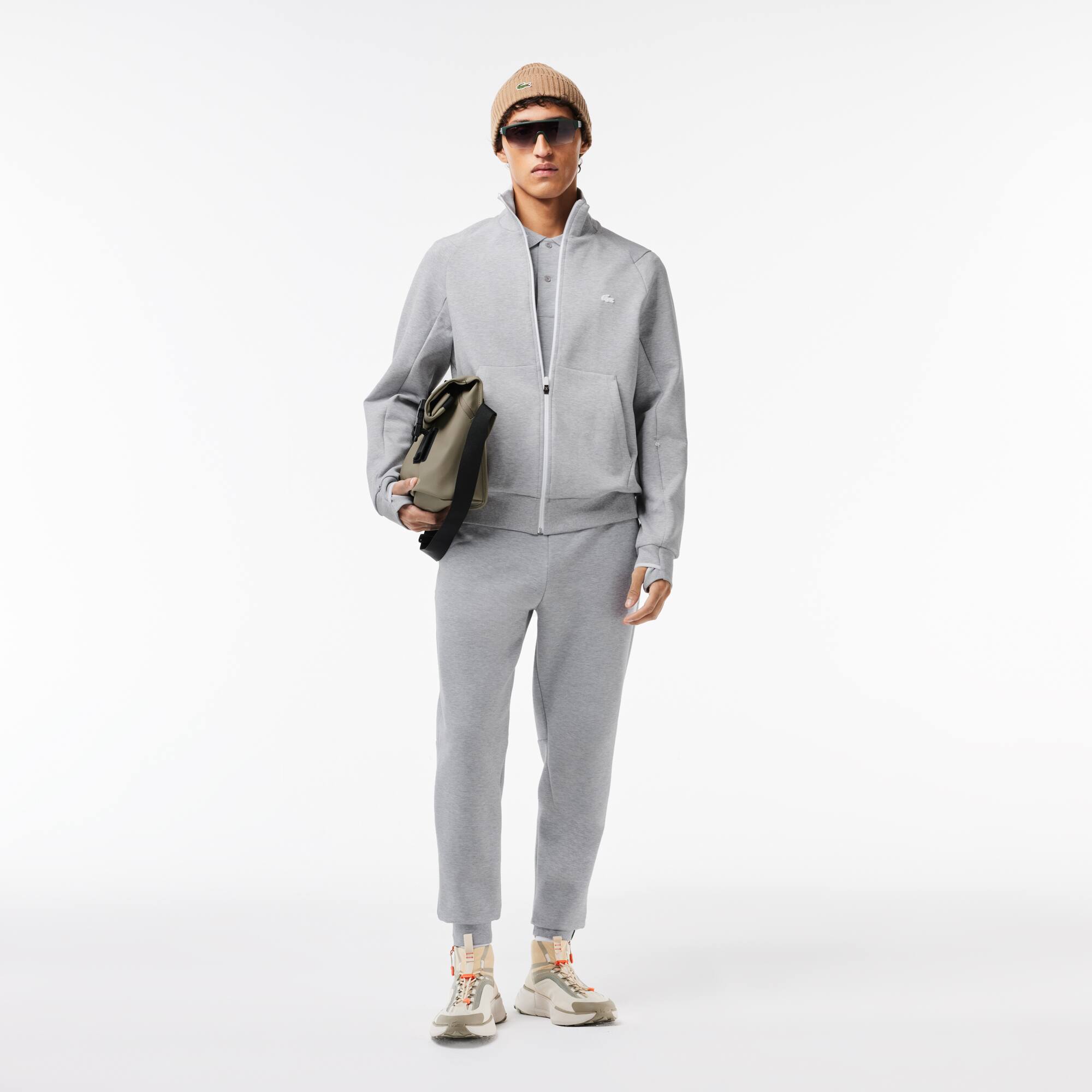 Sweatshirt Jogger zippé uni à col montant en coton mélangé Sweatshirts - Gris - Lacoste - Homme