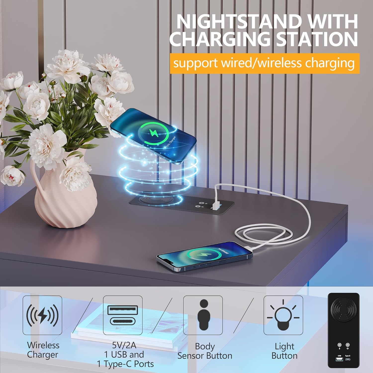 Vlsrka LED Nachttisch mit Ladestation, Nachttisch mit 3 Farben Licht, Smart Nachttische mit Drahtloses Laden, Nachtkästchen mit 2 Schubladen, Moderner Nachtschrank Schlafzimmer Wohnzimmer, Grau