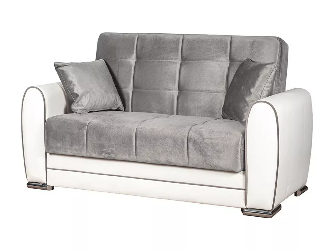 Canapé Pablito, Canapé d'angle conteneur en éco-cuir et tissu, Canapé de salon avec ouverture clic-clac et péninsule réversible, 163x84h91 cm, Blanc et Gris