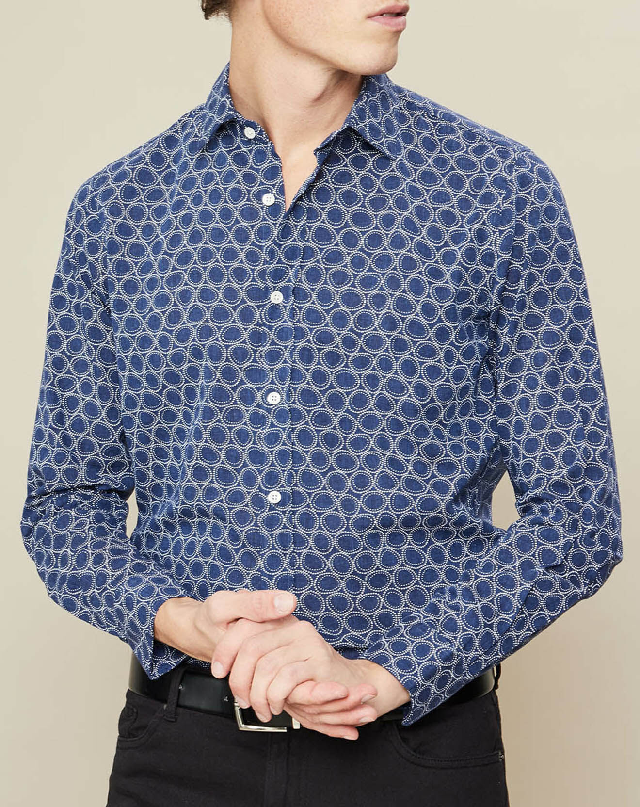 Hartford Chemise en Lin & Coton Slim Sammy à pois marine/blanc