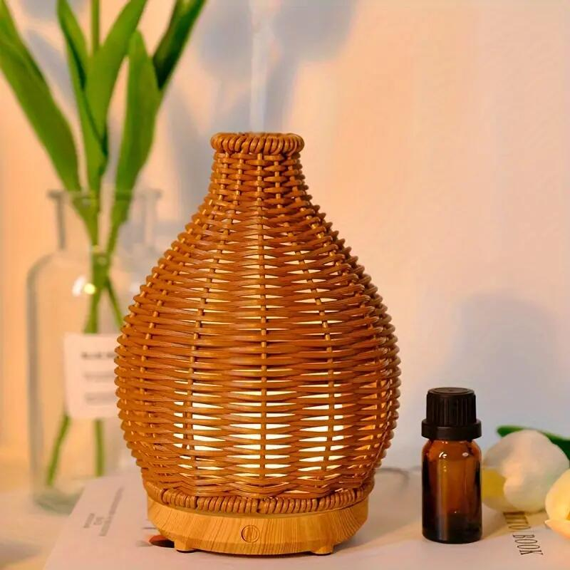 (200ml) USB Luftbefeuchter Aroma Öl Diffuser mit LED Beleuchtung im Rattan Look - Braun