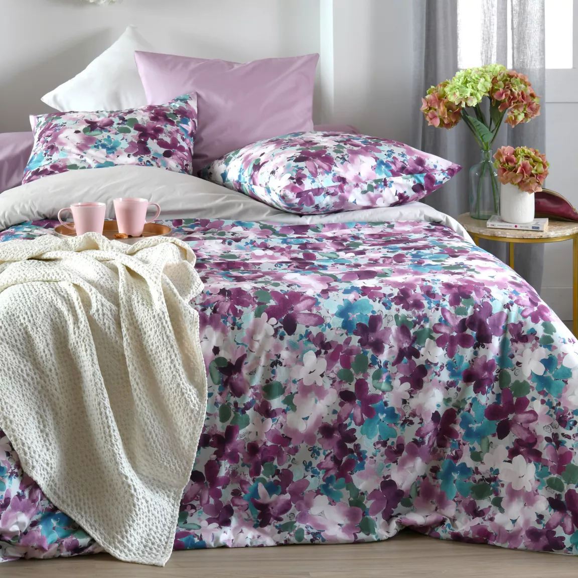 Taie d'oreiller carrée percale de coton (63 x 63 cm) Pervenche Violet parme