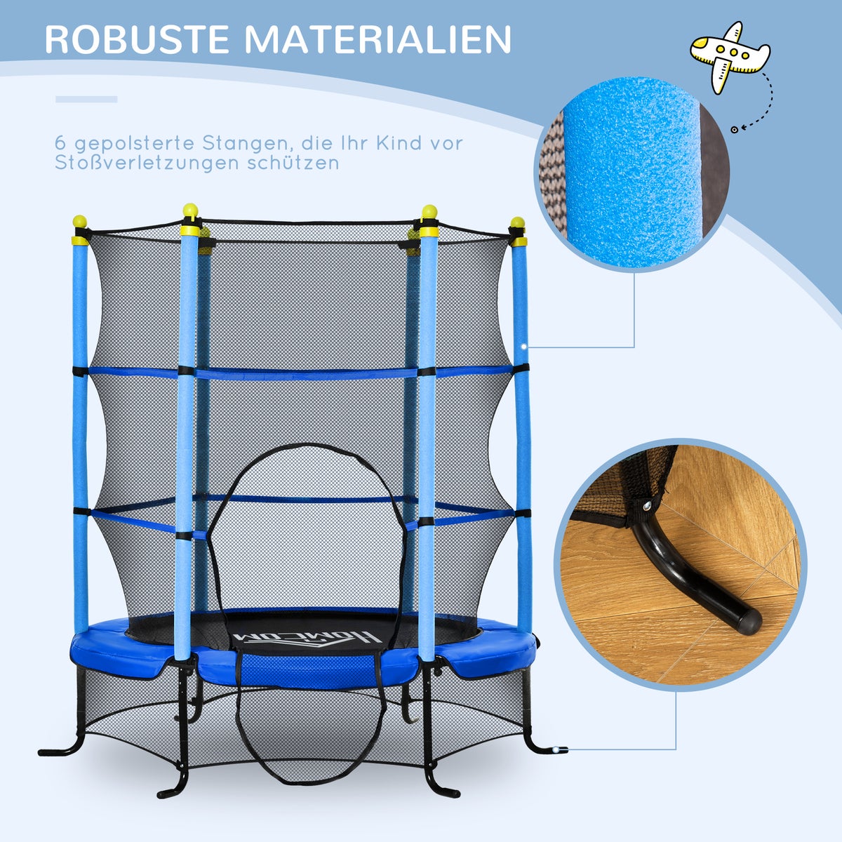 HOMCOM Trampoline voor kinderen, 163cm x 163cm x 163cm, staal, blauw, tot 50 kg