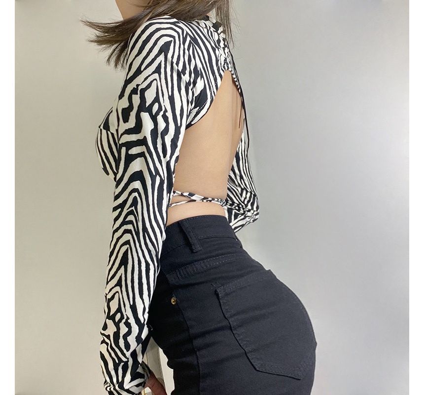 Sugarcoat - Cropped T-shirt met zebraprint en mockneck en strikbandje