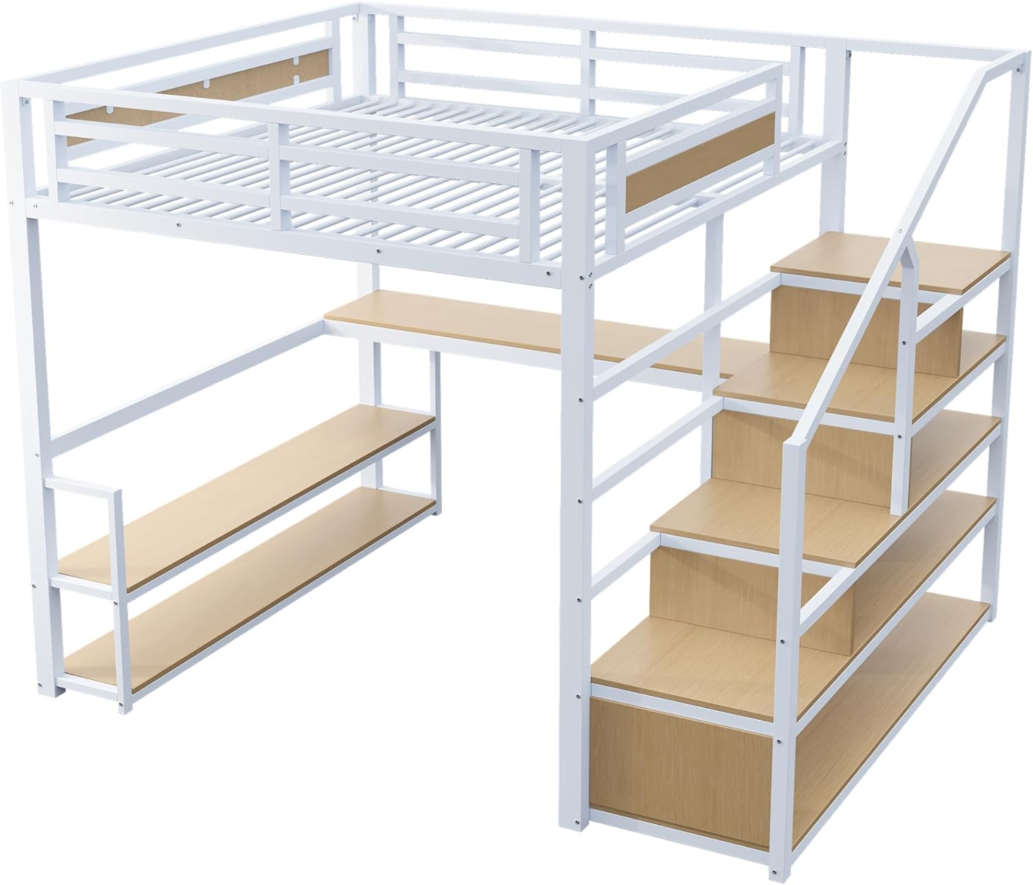 Hochbett 140x200 cm, Eisenbett, Jugendbett, mit Aufbewahrungsleiter Regalen und Tisch, Sicherheitszaun-Design mit gespleißten Metallplanken, Mit Lattenrost, Weiß(Ohne Matratze)