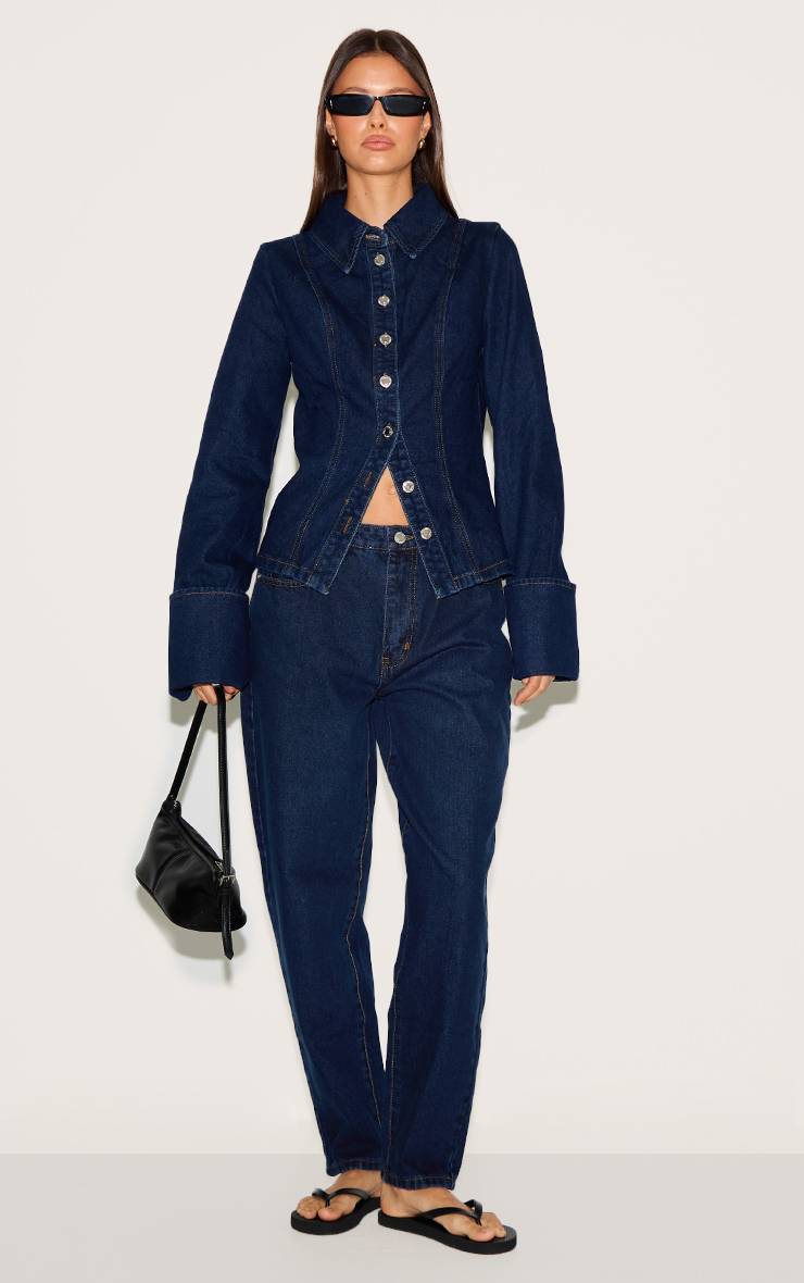 Bleu Indigo Chemise En Jean À Manches Longues Avec Taille Froncée