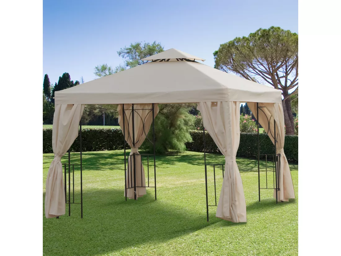 Tonnelle barnum style colonial double toit toiles latérales amovibles 2,95L x 2,95l x 2,65H m beige noir