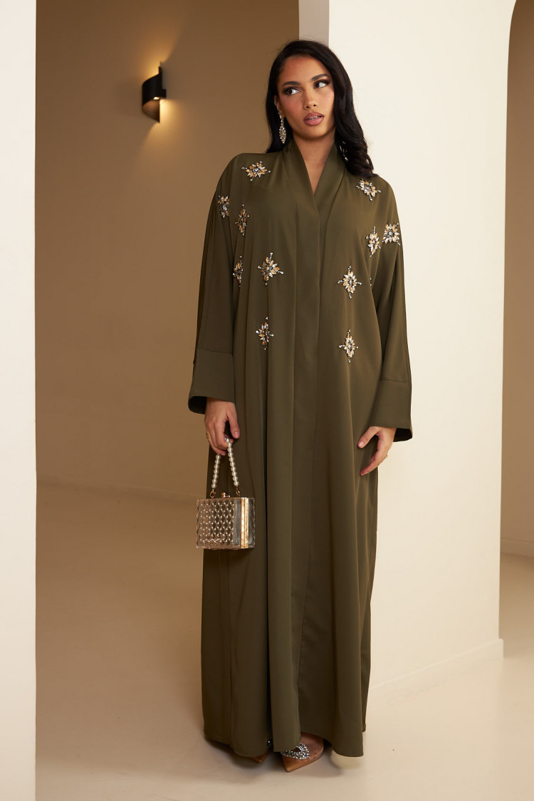 Kimono kaki à strass doré et argenté