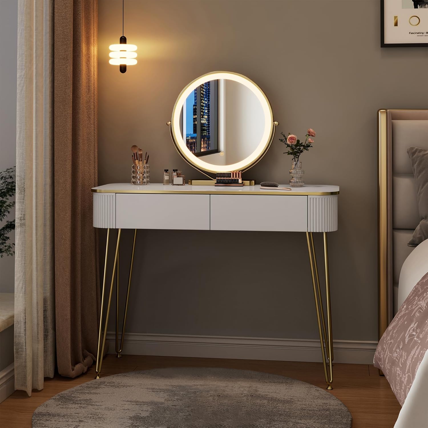 EUGAD Schminktisch mit LED-Beleuchtung, einstellbare Helligkeit, Frisiertisch mit Spiegel, 3 Farben, Kosmetiktisch mit 2 Holzschubladen, mit Metallbeinen, 100x40cm, Modern, Weiß Gold, 0057SZT