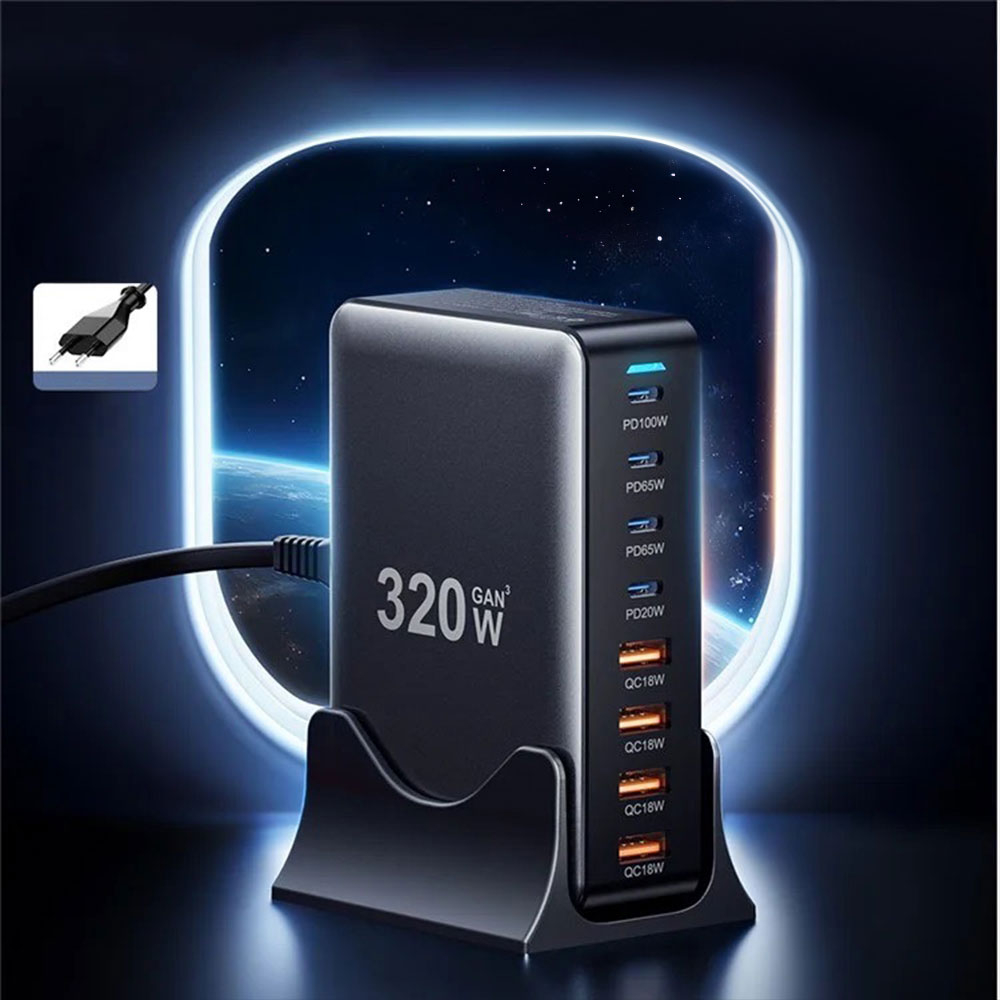 (320W) 4x USB C / 4x USB A Ladegerät Ladestation Power Delivery 3.0 / Quick Charge 4.0 mit Halterung   Netzladekabel - Schwarz