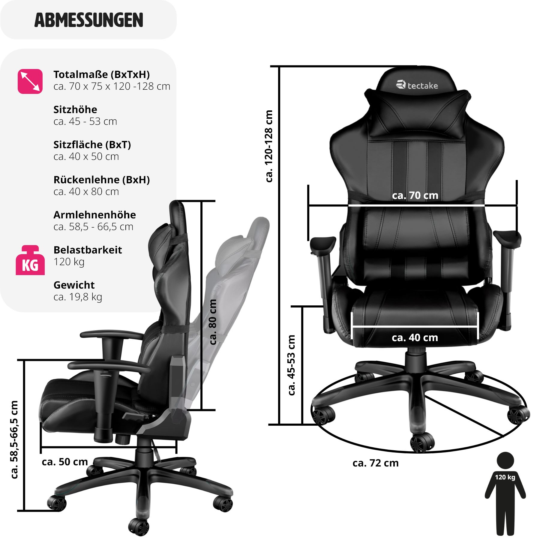 tectake® Racing Gaming Stuhl, ergonomische Form, mit verstellbarer Rückenlehne, Kunstlederbezug, abnehmbares Nacken- und Lendenkissen, Belastbarkeit 120 kg