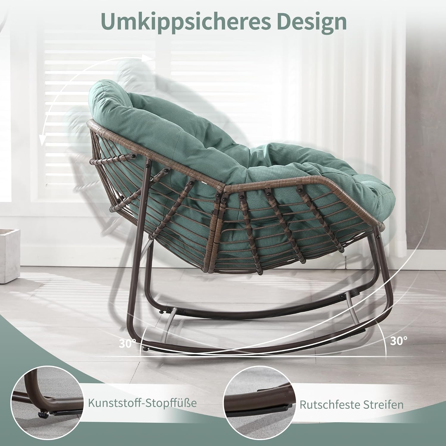 Outdoor Patio Schaukelstühle, Überdimensionierter Papasan-Schaukelstuhl für Innen mit Gepolstertem Kissen - Ei-Schaukelstuhl für Wohnzimmer, Veranda, Garten, Terrasse, Hinterhof