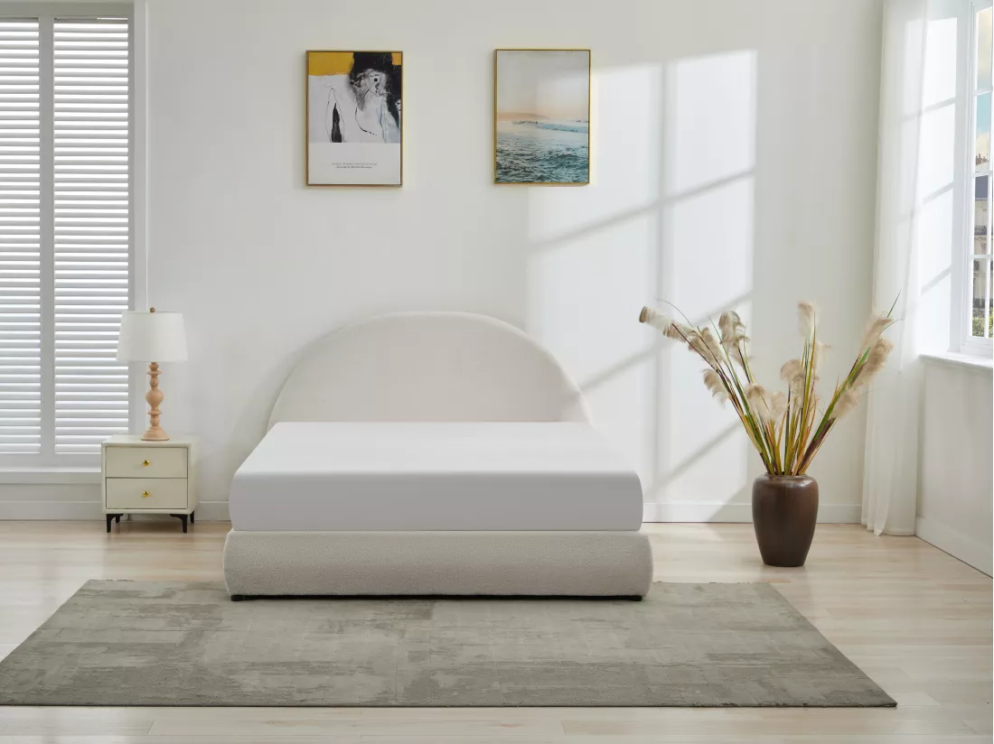 Lit coffre 160 x 200 cm - Tissu bouclette - Crème - LIRIMO