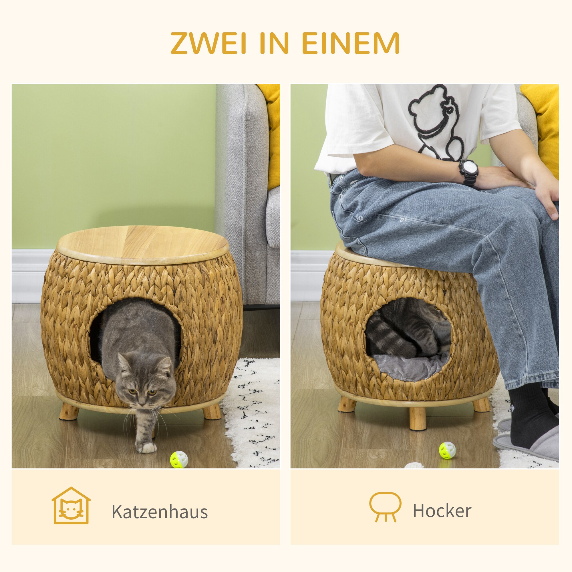 PawHut Rattan Katzenhaus mit Kissen natur 44L x 43B x 42H cm