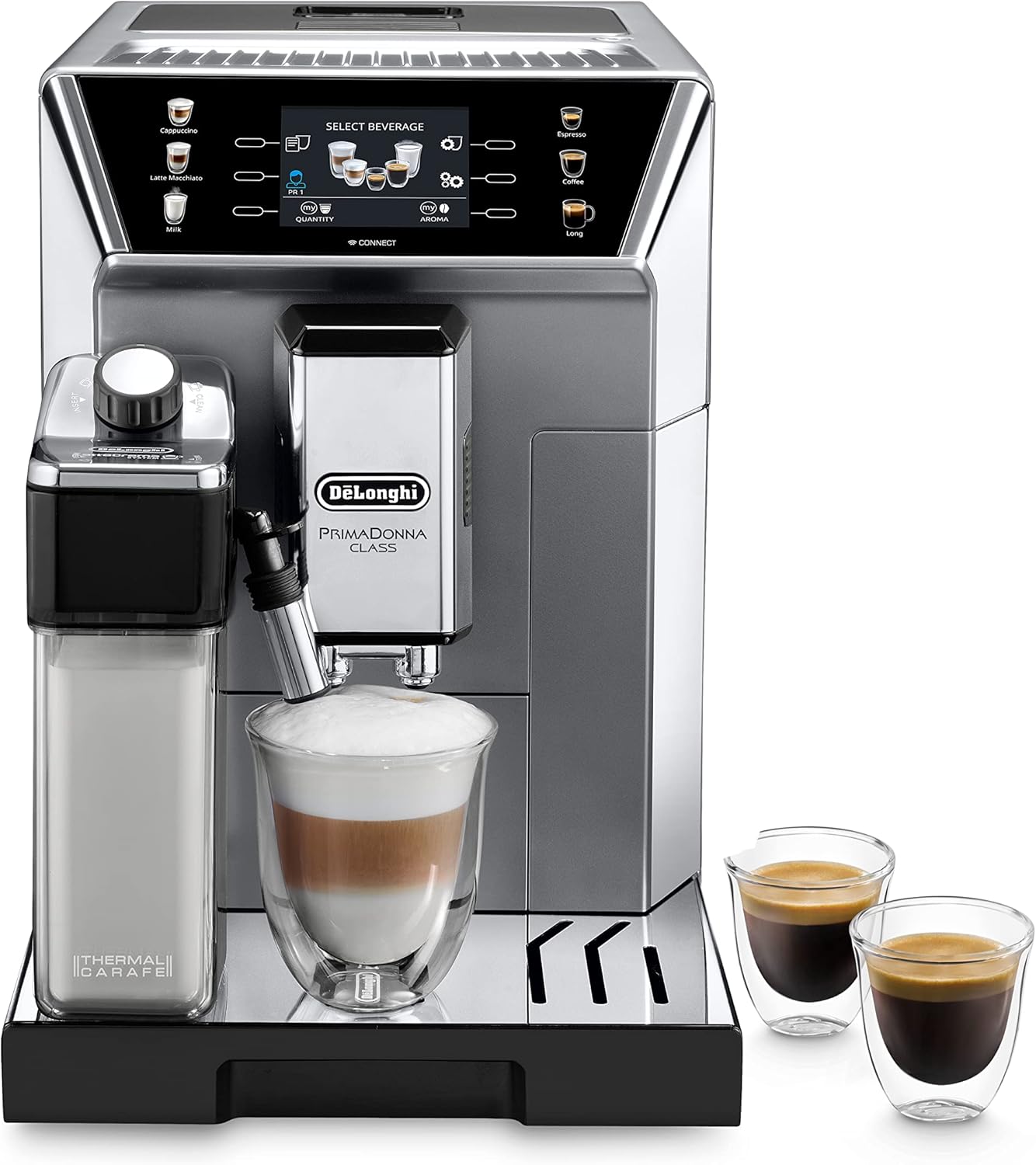 De'Longhi PrimaDonna Class ECAM 550.85.MS Kaffeevollautomat mit LatteCrema Milchsystem, Cappuccino und Espresso auf Knopfdruck, 3,5 Zoll TFT Farbdisplay und App-Steuerung, silber
