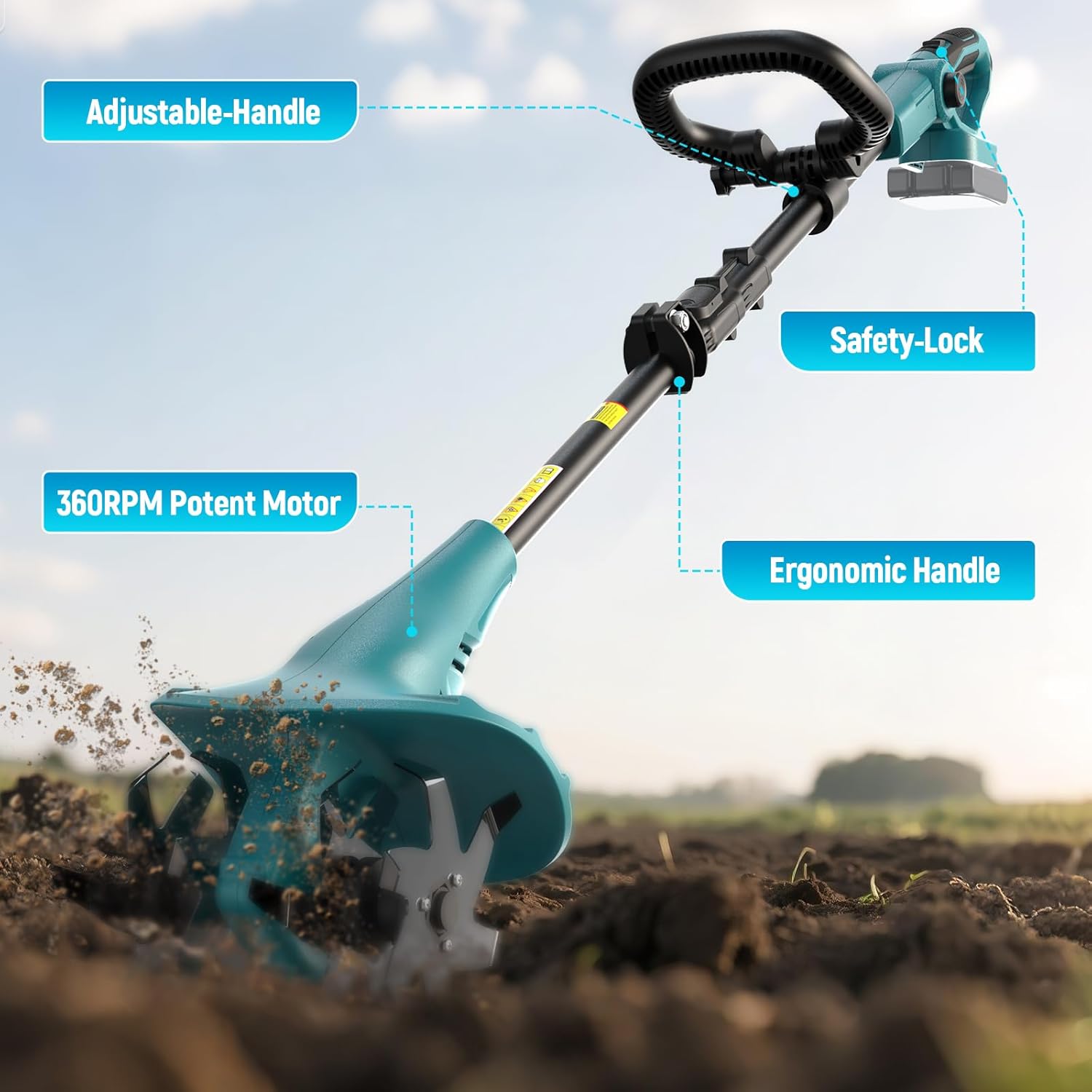 Akku-Bodenhacke Motorhacke für Makita 18V Akku – 360 U/min Motor, 20cm Arbeitsbreite & 13cm Arbeitstiefe für Beet, Acker & Landwirtschaft(Ohne Akku)