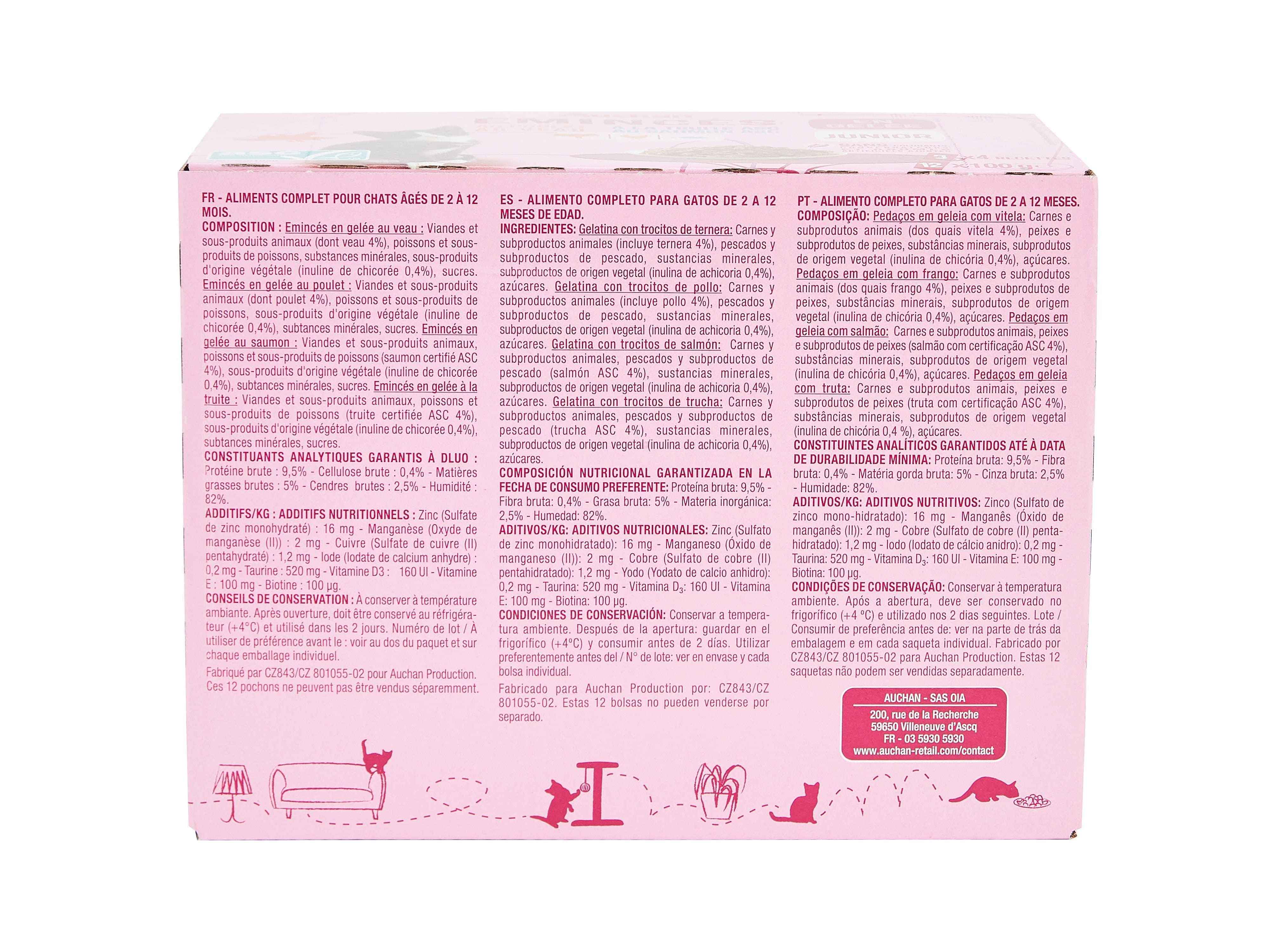 COMIDA HÚMIDA PARA GATO AUCHAN JÚNIOR SAQUETAS PEDAÇOS EM GELEIA MIX 12X100G