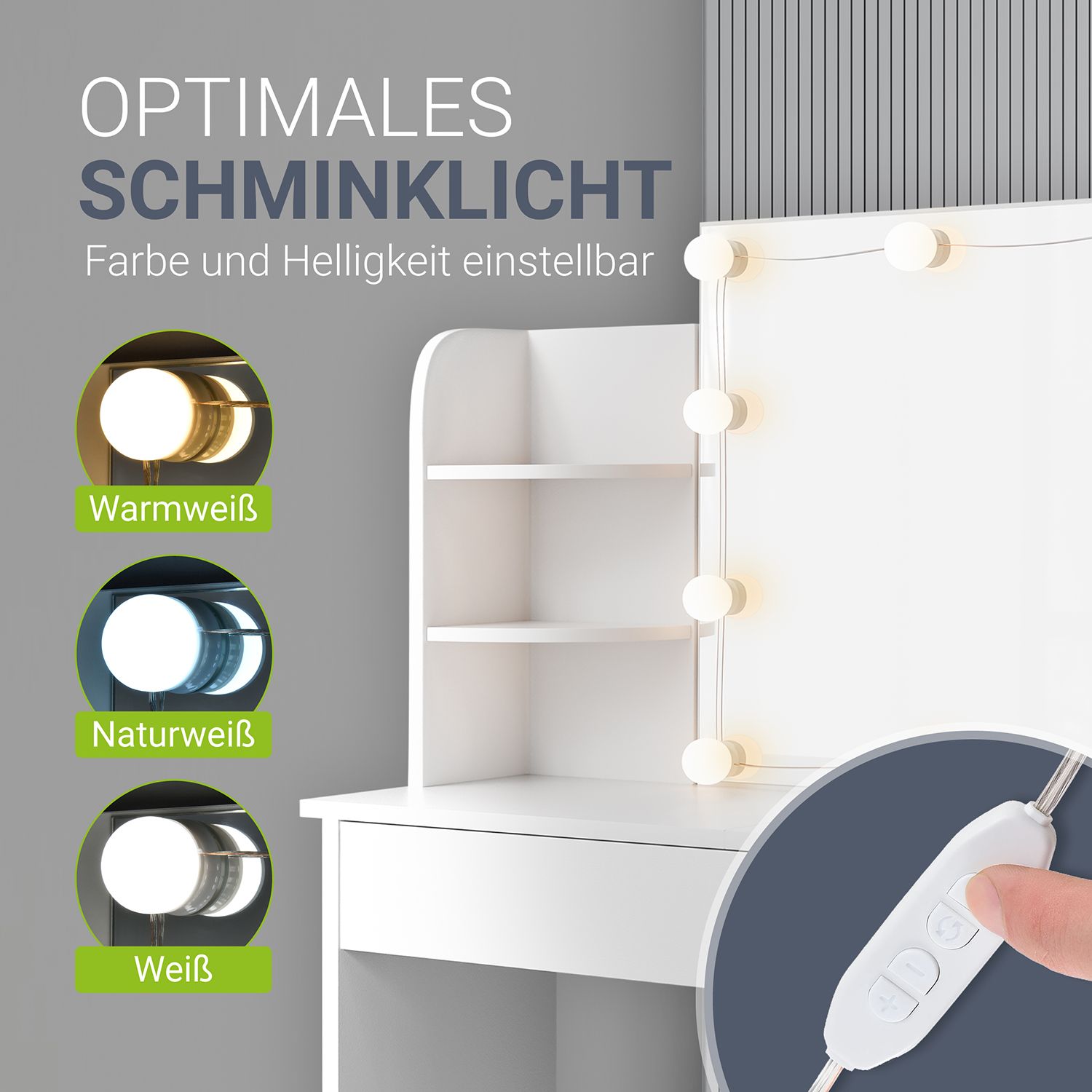 Juskys Schminktisch Bella 108 x 40 x 140 cm in Weiß mit Spiegel, LED, Schublade & 4 Ablagefächern