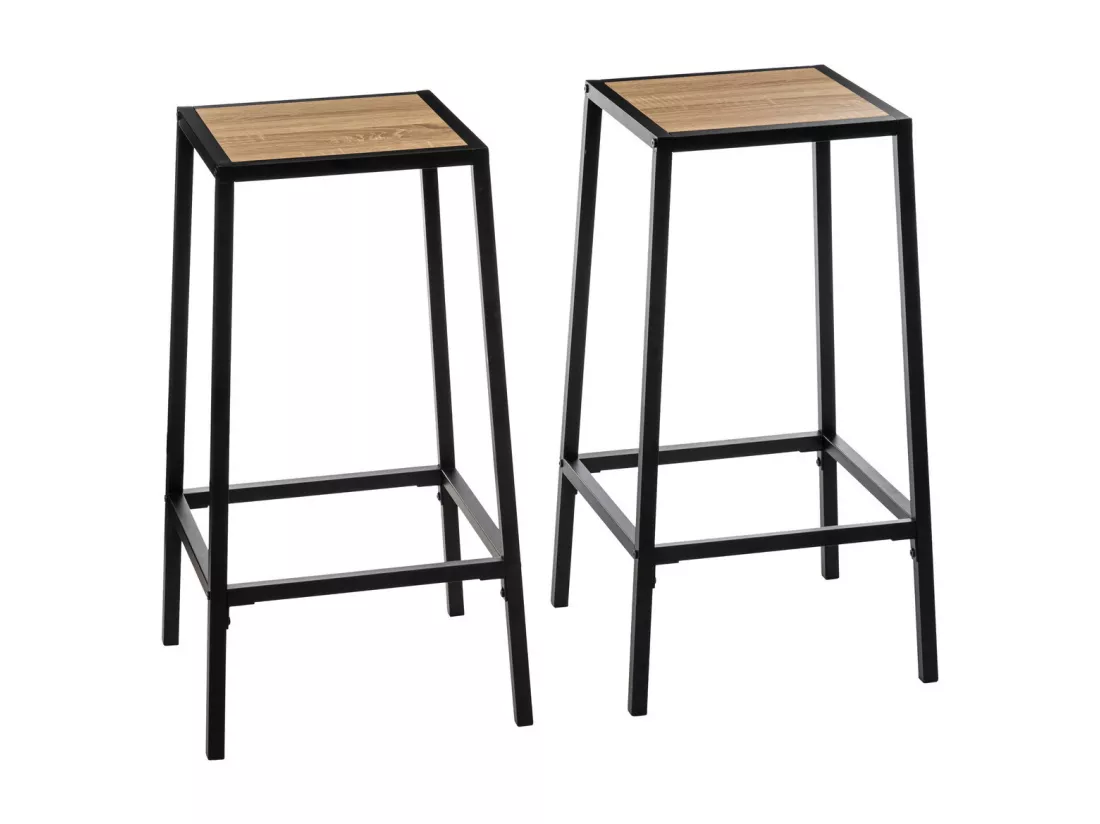 Lot de 2 Tabourets de Bar en métal Noir et assise en Bois