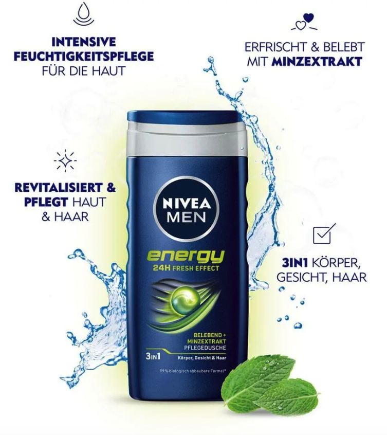 (250ml) 3in1 Energy Pflegedusche mit Minzextrakt Körper / Gesicht / Haar (80803)