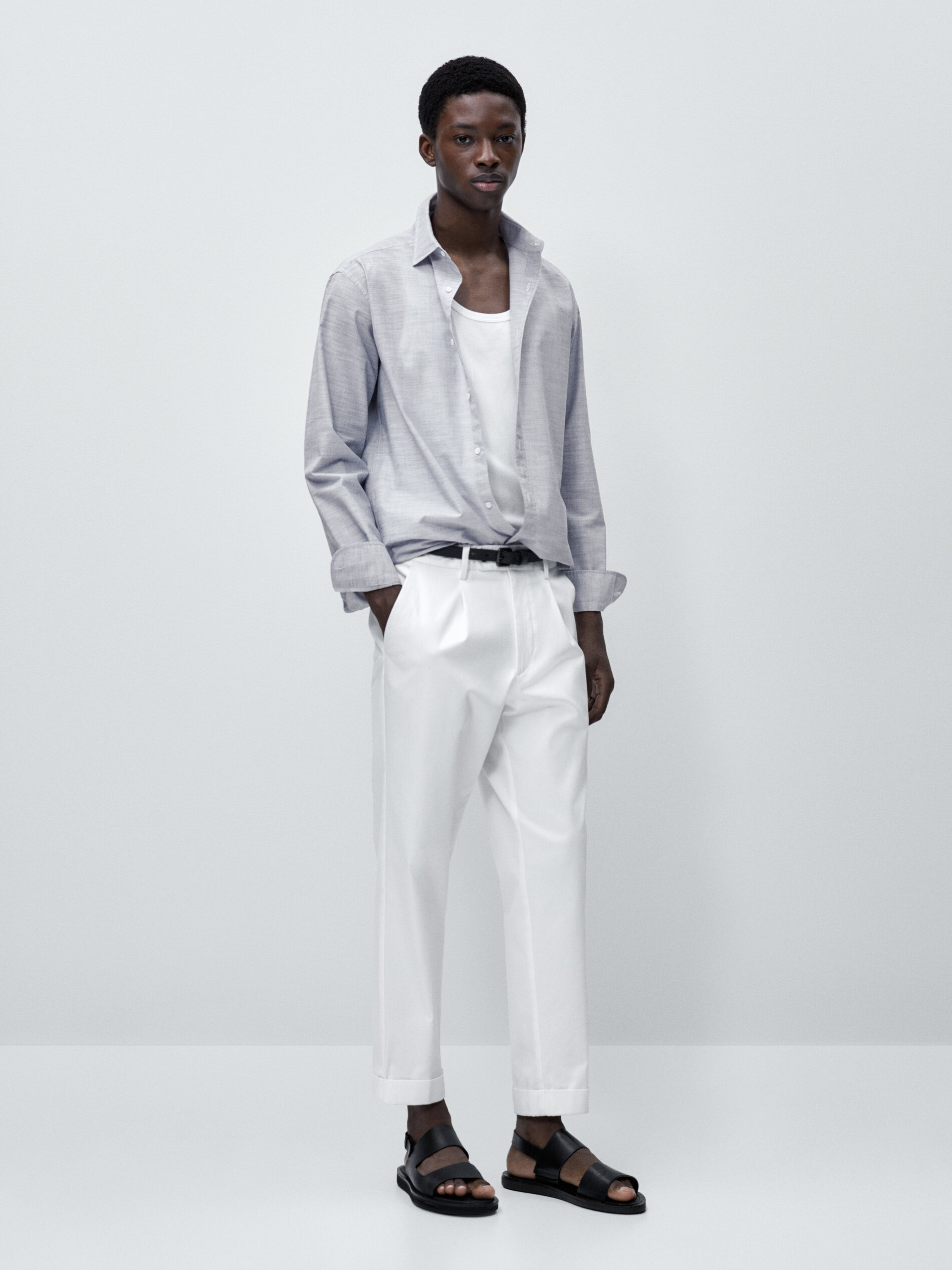 Camisa listrada de algodão com modelagem slim - AZUL MARINHO