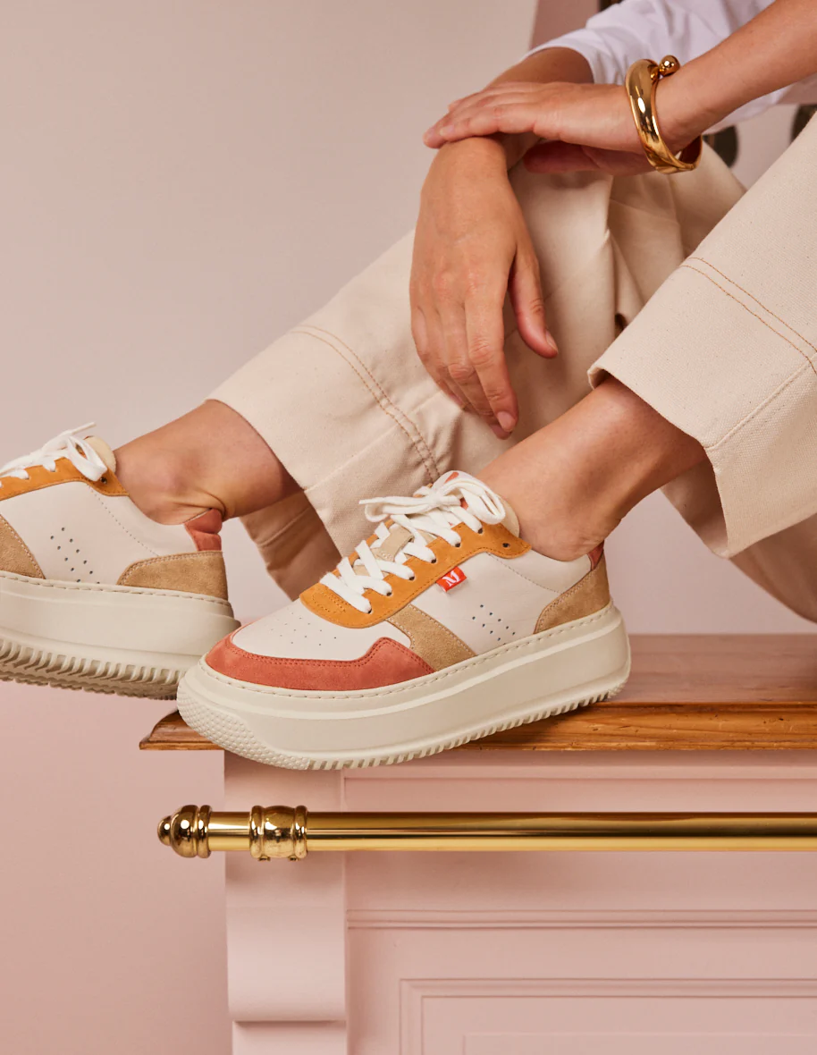 Baskets basses Clotilde - Cuir et suède blush ecru ocre