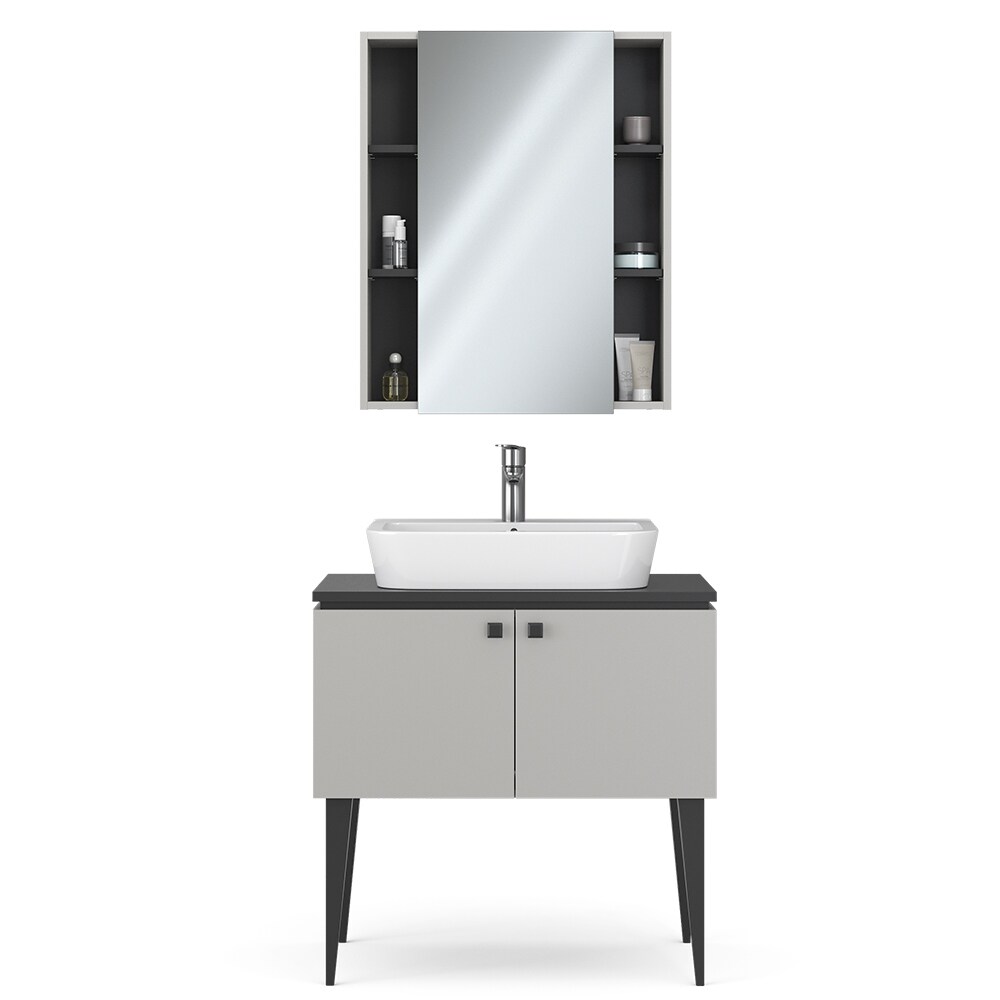 Vicco Badmöbel-Set Gerta in Grau-Schwarz, Badezimmer-Set, moderne Badserie, Spiegelschrank, Waschbeckenunterschrank