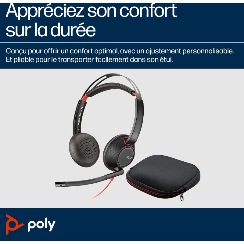 HP Poly Micro-casque stéréo USB-C Poly Blackwire 5220 + prise 3,5 mm + adaptateur USB-C/A (lot)