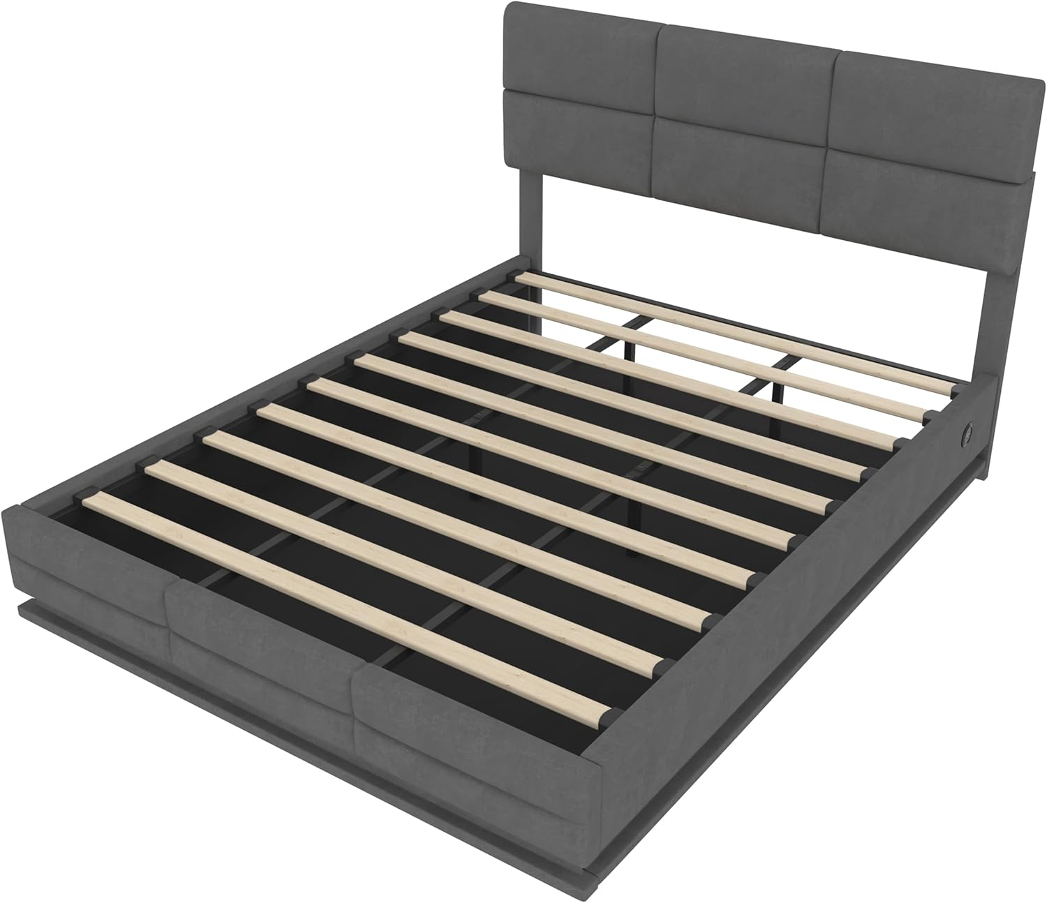 Polsterbett Doppelbett 180x200, LED Jugendbett Hydraulisches Stauraumbett mit Stauraum&USB Ladefunktion, Funktionsbett Bettgestell mit Höhenverstellbarem Kopfteil&Lattenrost, Samt, Ohne Matratze, Grau