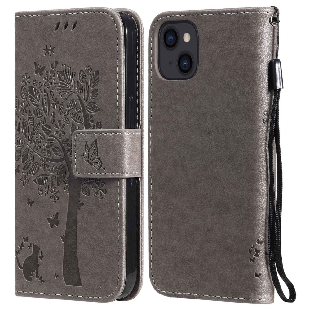 iPhone 14 Leder Tasche Flip Cover Baum Imprint - Grau