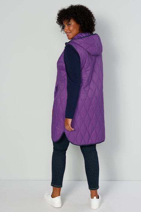 Long-Steppweste, Kapuze, Zipper