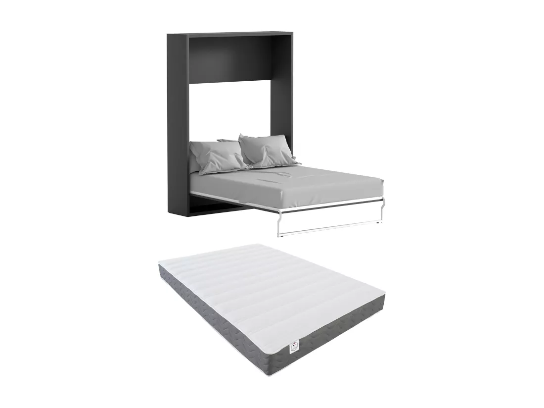 Lit escamotable 160 x 200 cm - Ouverture verticale manuelle - Anthracite et naturel + Matelas - MALINA II