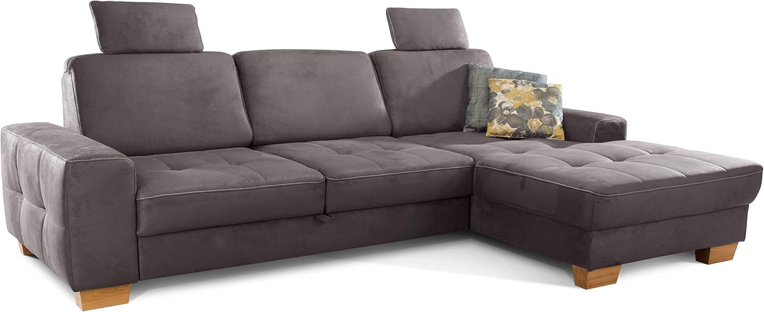 Cavadore Ecksofa Puccino mit Federkern, verstellbarer Rückenlehne und 2 Kopfstützen / Couch in L-Form im Landhausstil / 281 x 86 x 178 cm / Mikrofaser grau