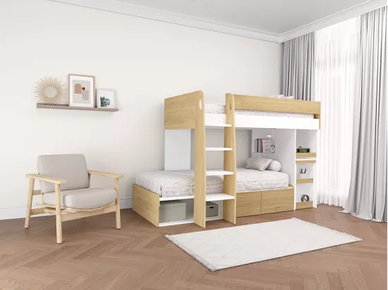 Lits superposés 2 x 90 x 190 cm avec bureau et rangements - Coloris : Naturel et blanc - LOMIDEN