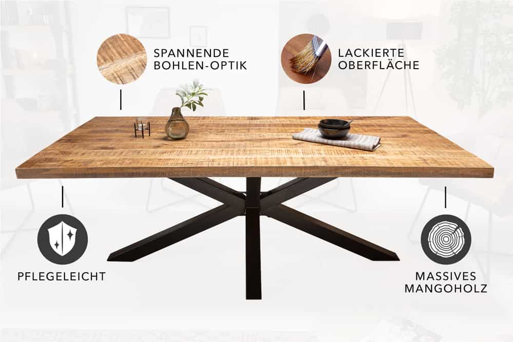 Massiver Industrial Esstisch GALAXIE 180cm Mangoholz sternenförmiges Gestell