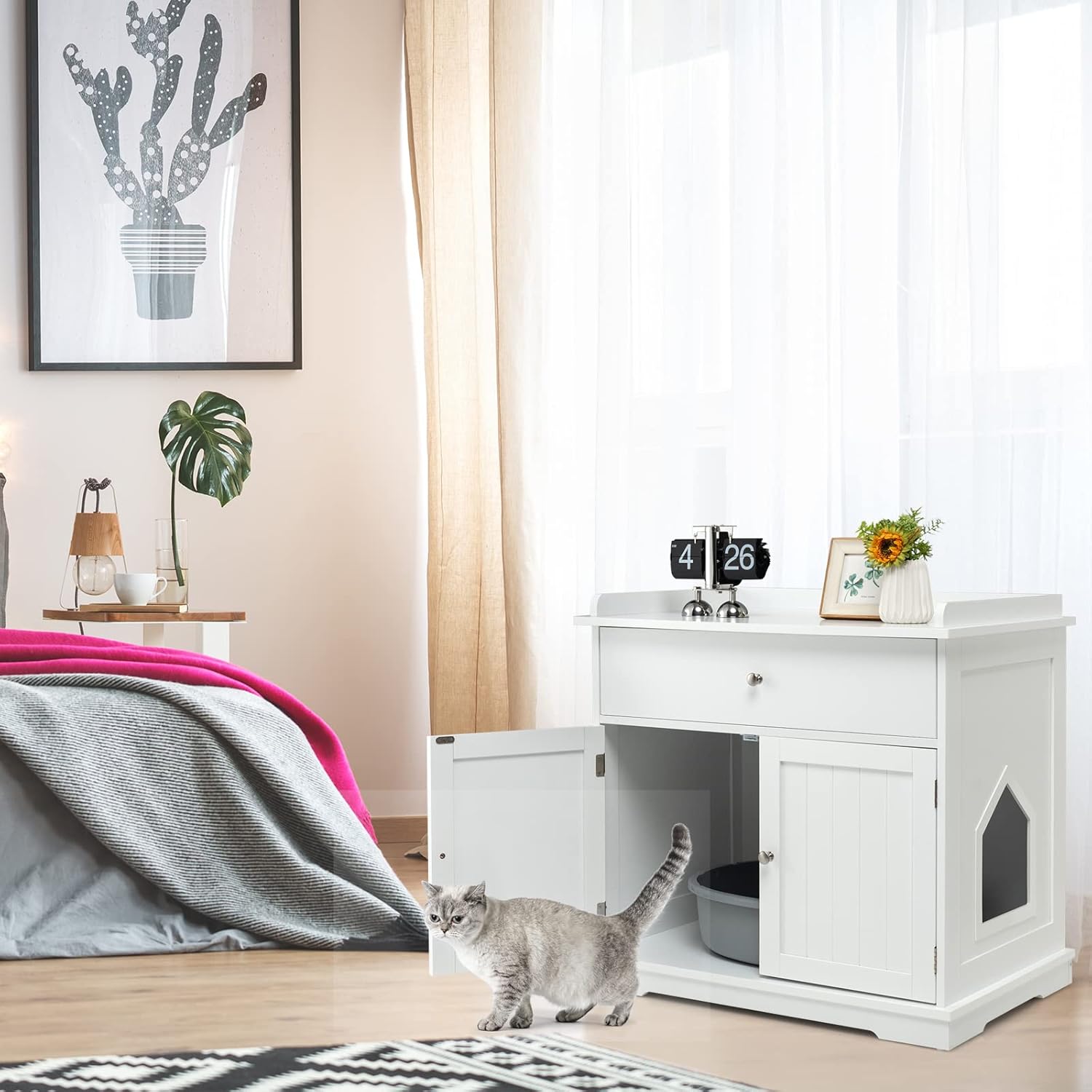 COSTWAY Katzenschrank mit Schublade & Tür & Eingang, 3-in-1 Katzenhaus Katzentoilette Beistelltisch, Schrank Katzenklo Katzenkommode, Katzenhöhle Haustierbox, Katzenmöbel (Weiß)