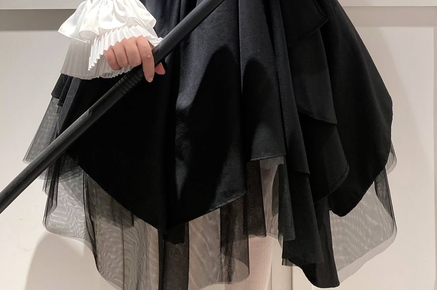 RONIN - Blouse met pofmouwen, effen, geplooide knopen / Asymmetrische mini-A-lijn mesh rok met hoge taille / Strik / Set