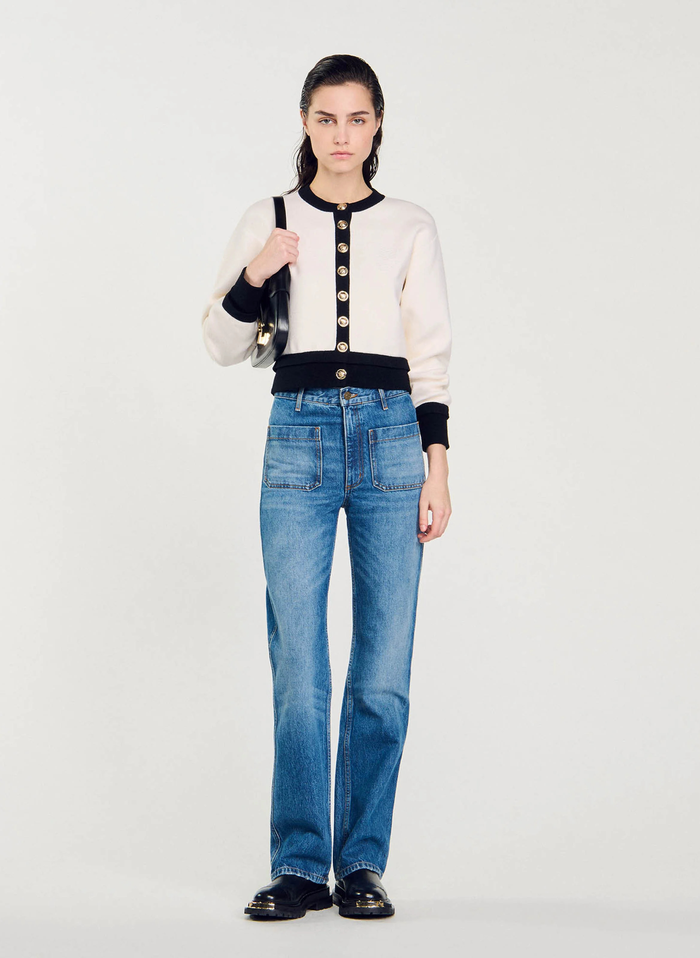 Cardigan droit col rond en laine mélangée | Multicolore